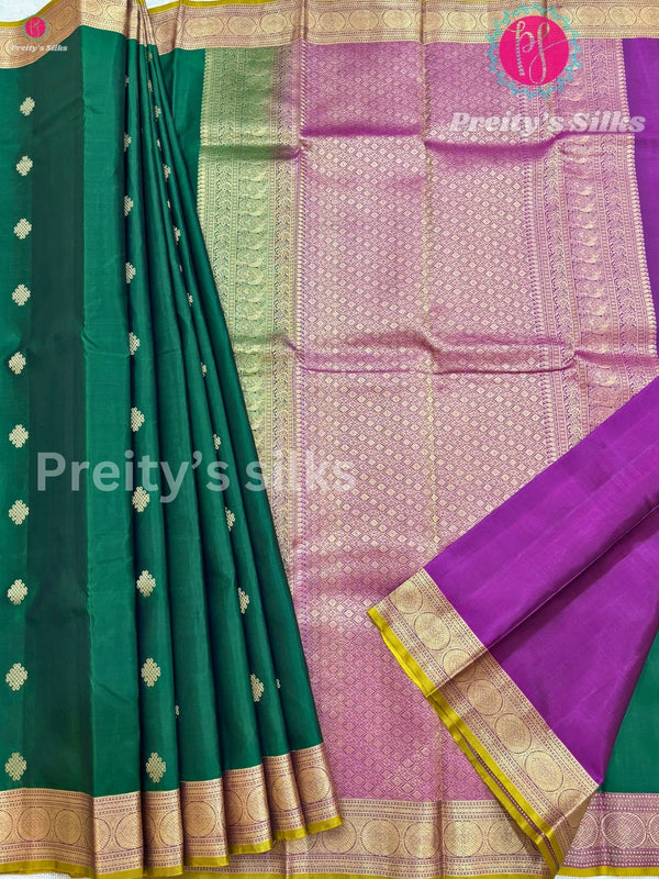 Pure Kanchipuram Silk Saree -Bottle Green with wine - PF59576