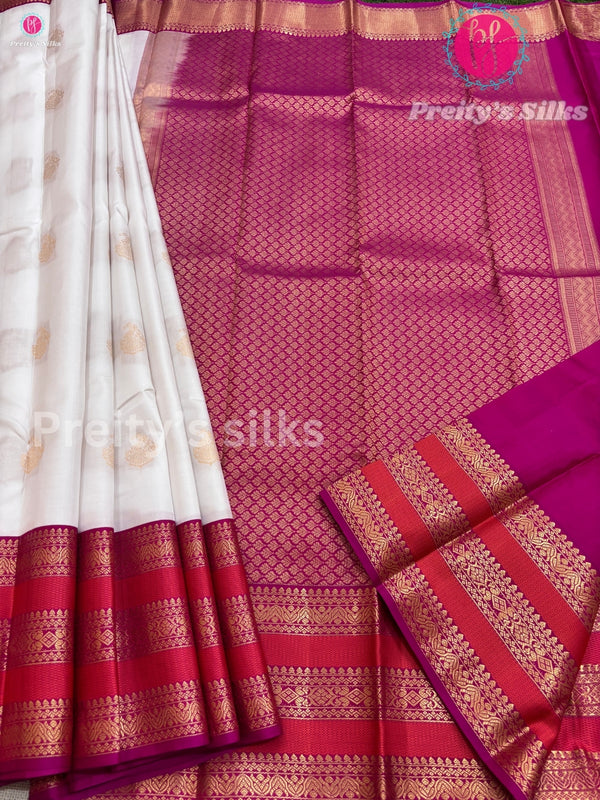 Pure Kanchipuram Silk Saree - White with Orange with pink - PF15848