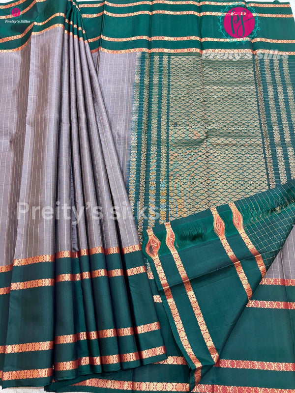 Pure Kanjeevaram silk Saree -Grey with Bottle Green - PF33545
