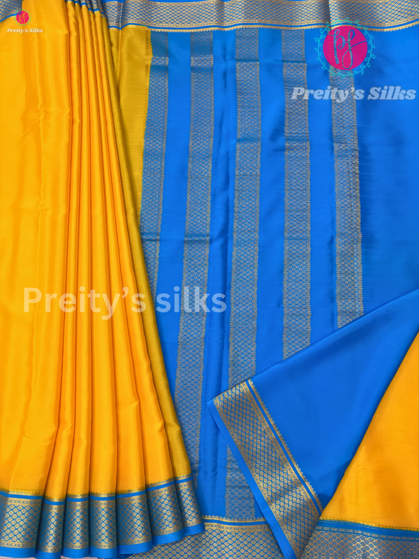Pure Mysore Crepe Silk - Yellow with Sky Blue - PF37933