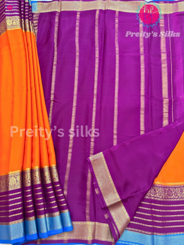 Pure Mysore Crepe Silk Saree - Orange with purple with sky blue- PF24701