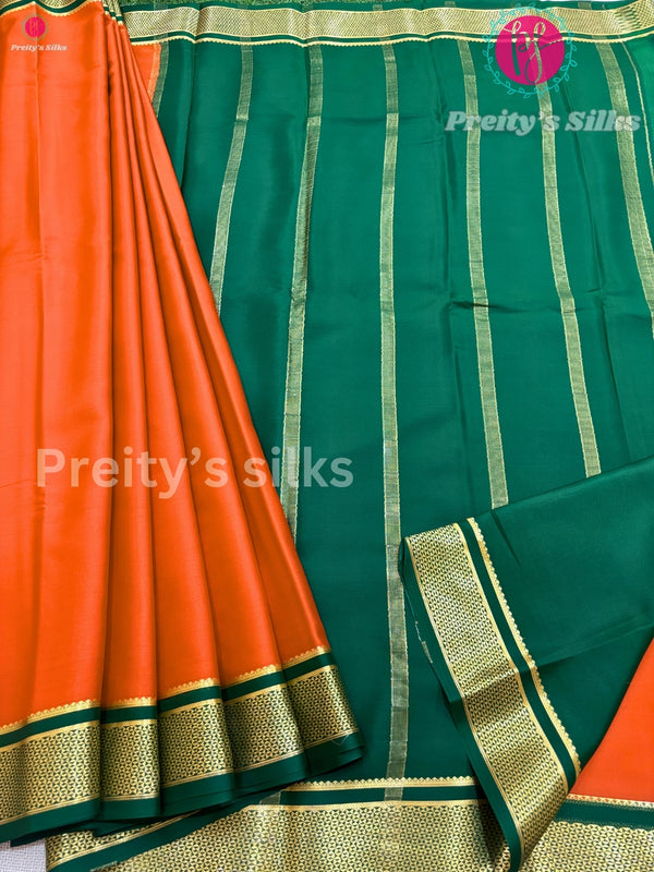 Pure Mysore Crepe Silk Saree - Rust Orange with Green - PF41475