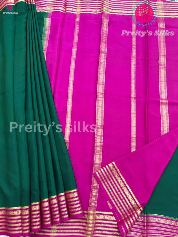 Pure Mysore Crepe silk Saree -Bottle Green with pink - PF22987