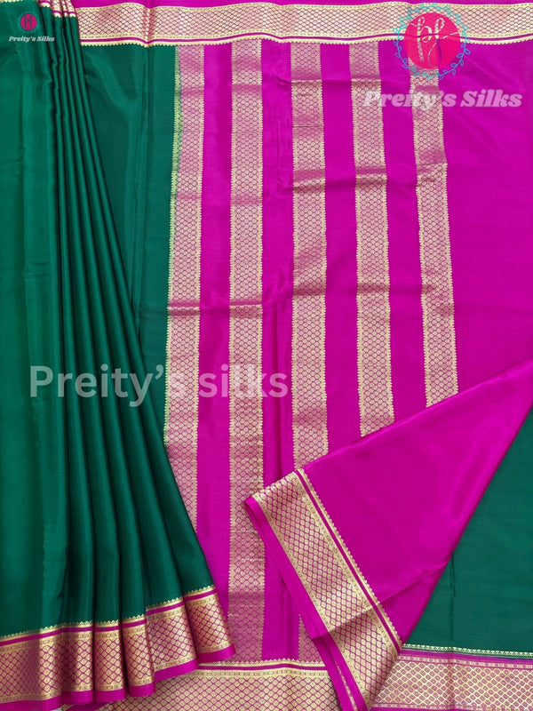 Pure Mysore Crepe silk Saree -Bottle Green with pink - PF37935