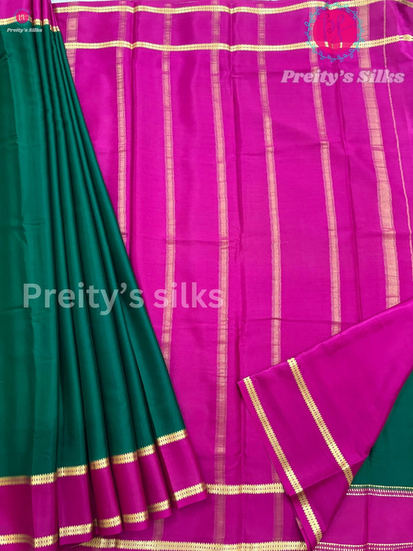 Pure Mysore Crepe silk Saree -Bottle Green with pink - PF39166
