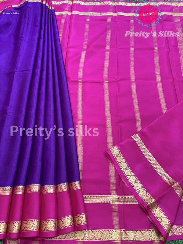 Pure Mysore Crepe Silk Saree -Purple With Pink - PF39258