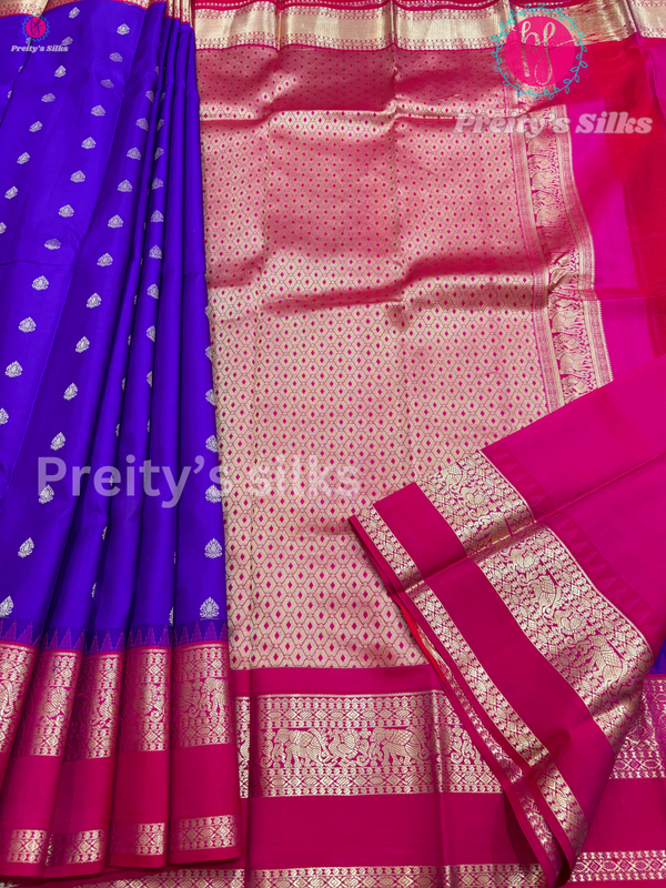 Pure Kanchipuram Silk Saree - Purple with Red - PF3572