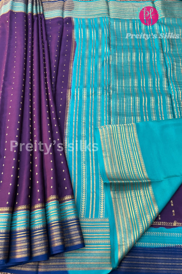 Pure Mysore Crepe Silk Saree-PY58811-Purple with Sky Blue and Navy Blue