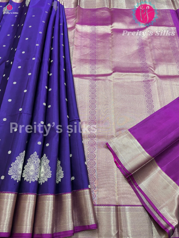 Pure Kanjeevaram Silk Saree - Purple with Magenta Pink - PF05903