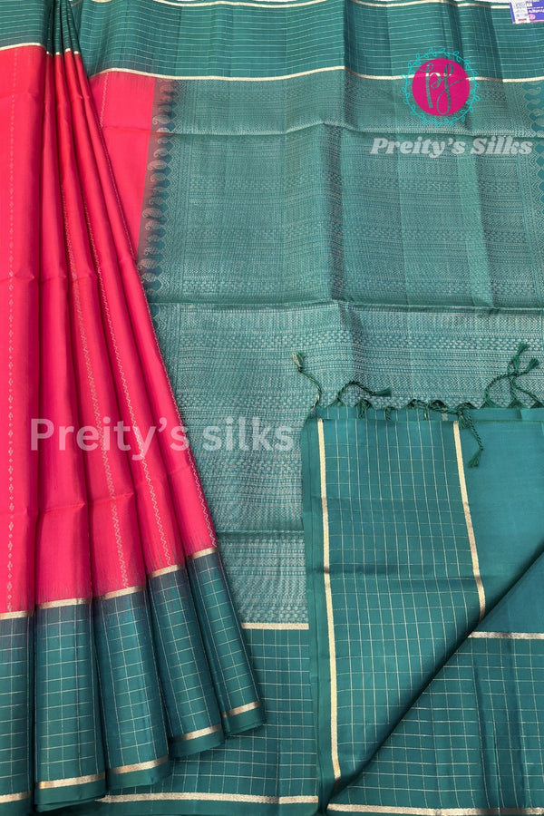Pure Kanchipuram Soft Silk -Redish Pink With Green - PF84050