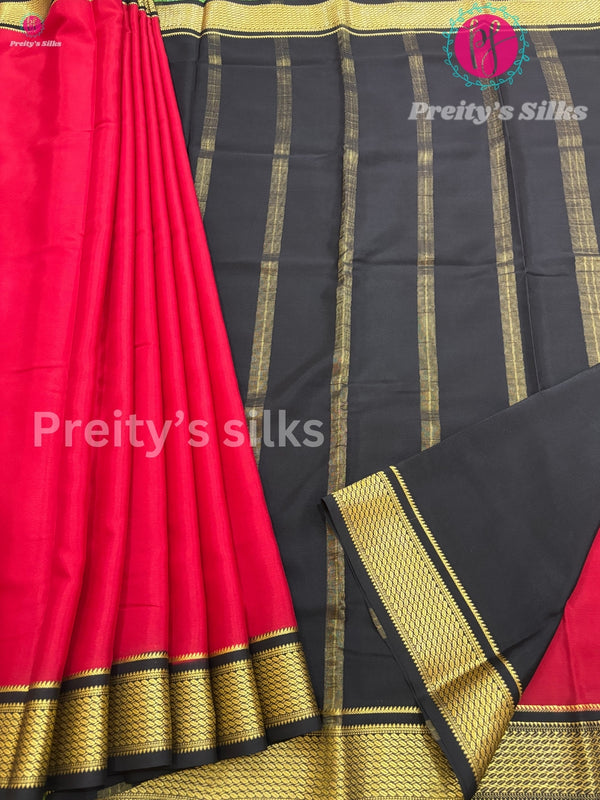 Pure Mysore Crepe Silk Saree -Red with Black- PF35931