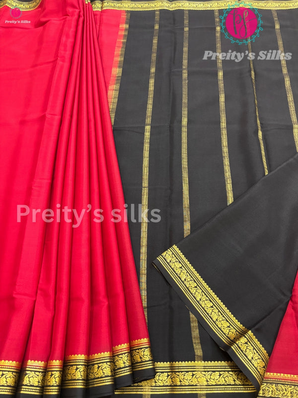 Pure Mysore Crepe Silk Saree -Red with Black- PF37758