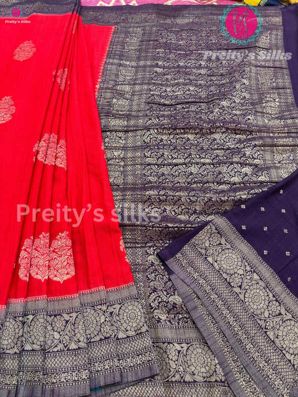 Semi Banarasi Georgette Silk Saree -Red with Navy Blue- PF45801