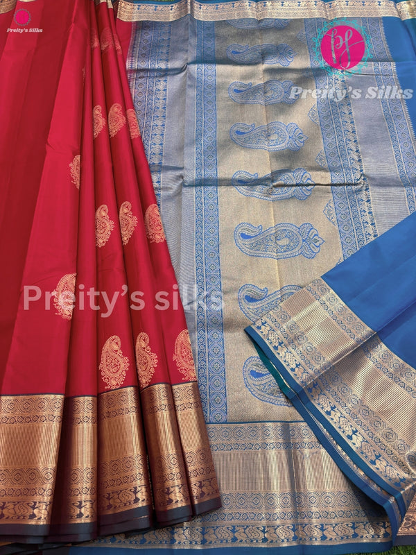 Pure Kanchipuram Silk Saree -Red with Blue- PF29325