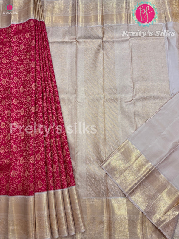 Pure handloom Kanjeevaram Silk Saree -Red with Cream- PF09049