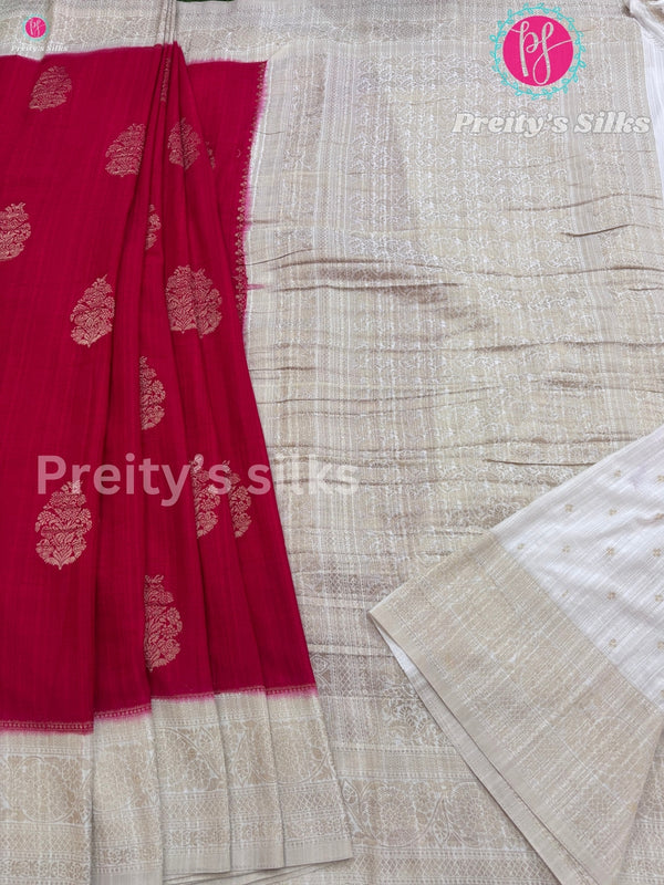 Semi Banarasi Crepe Silk Saree -Pink with Half White- PF44897