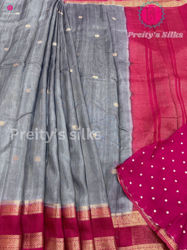 Semi Dupion Silk Saree - Grey with Pink - PF45935