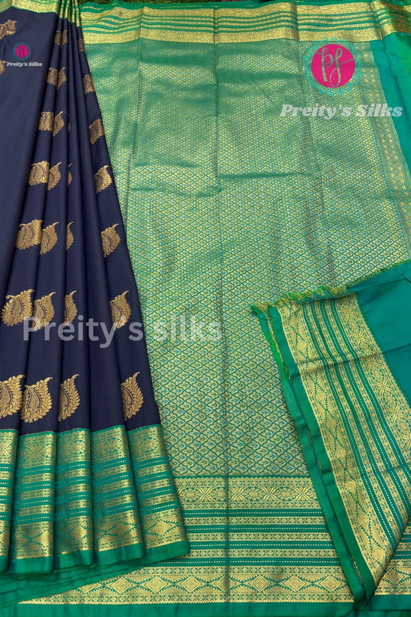 Semi Kanchipuram Silk Saree -Navy Blue with Green -PF53726
