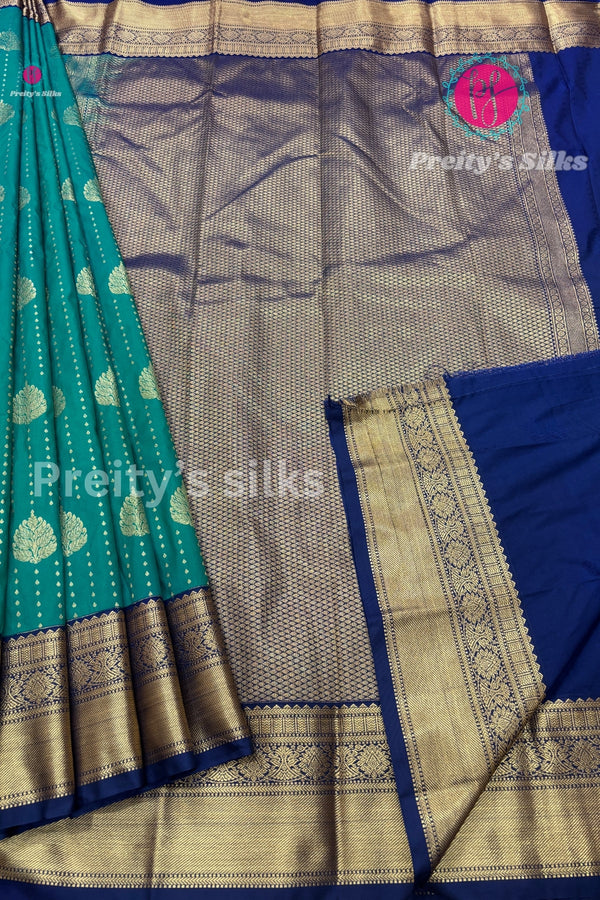 Semi Kanchipuram Silk Saree -Peacock Green with Navy Blue-PF53740