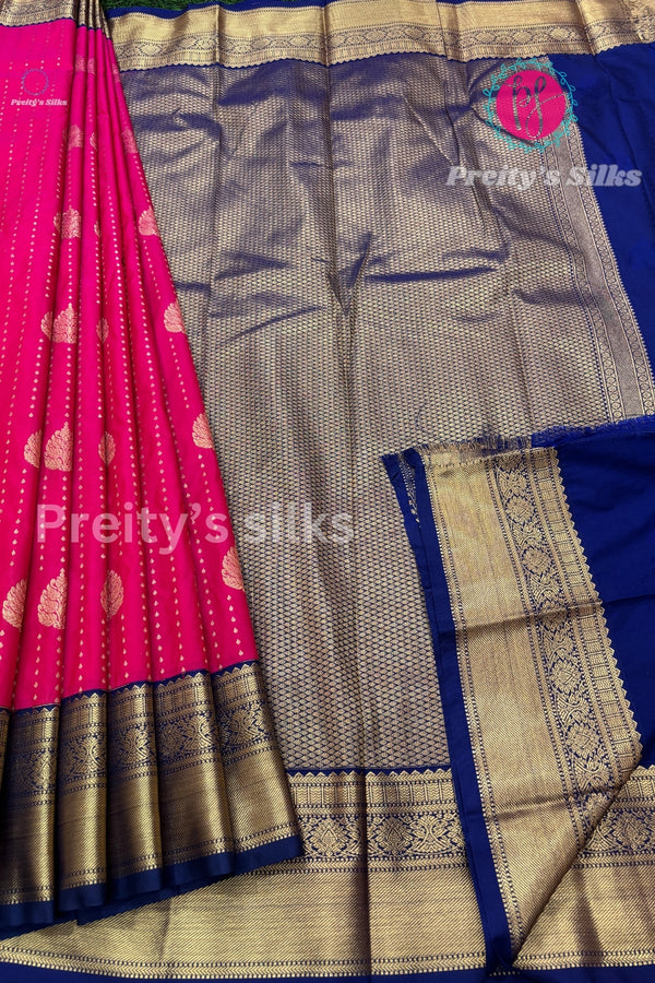 Semi Kanchipuram Silk Saree -Pink with Navy Blue-PF53742