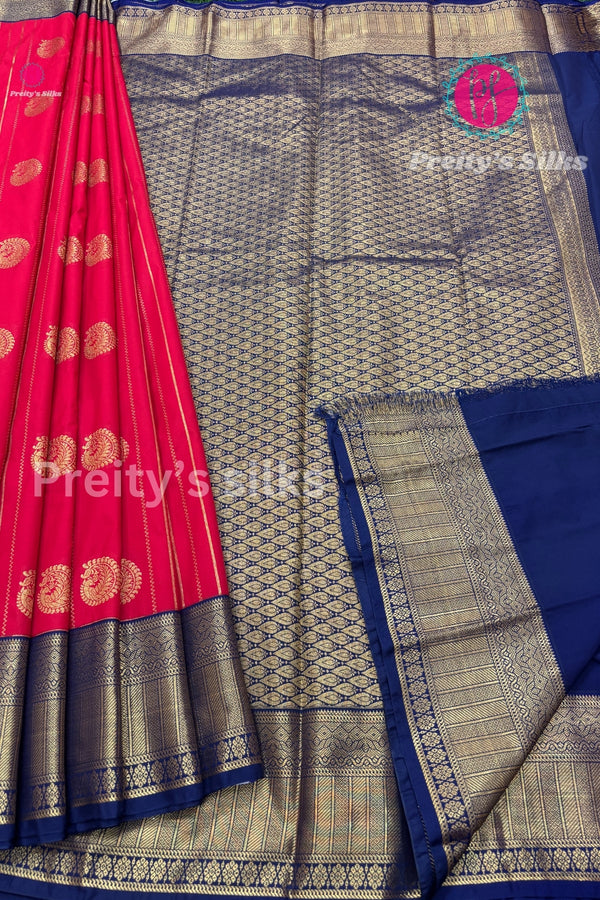 Semi Kanchipuram Silk Saree -Red with Navy Blue-PF53723