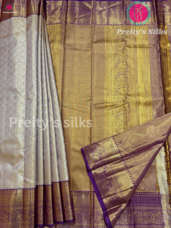 Pure Tissue Kanjeevaram Silk Saree -Ligth Yellow With Purple-PF21714