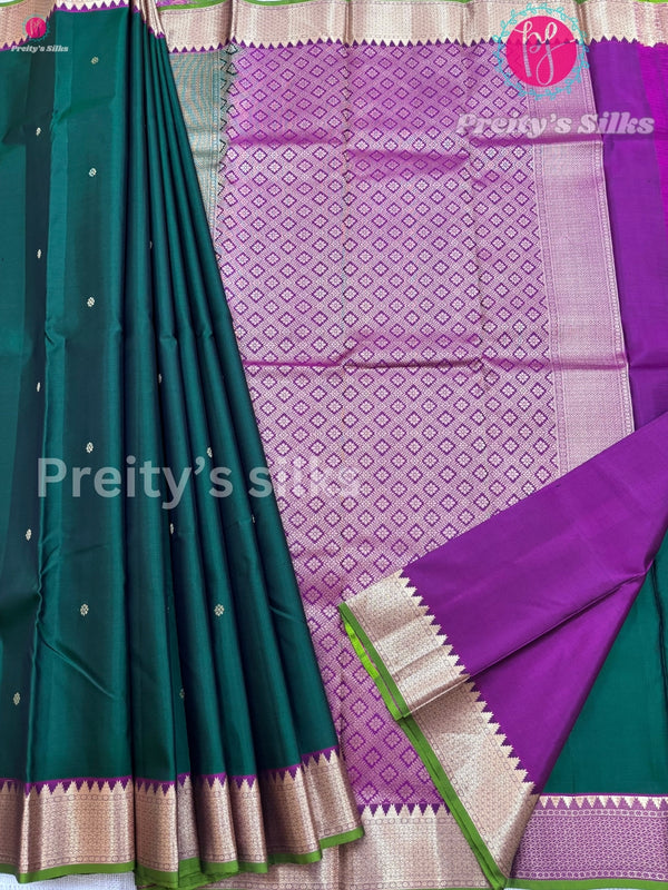 Pure Kanchipuram Silk Saree -Bottle Green With magenta pink - PF22446