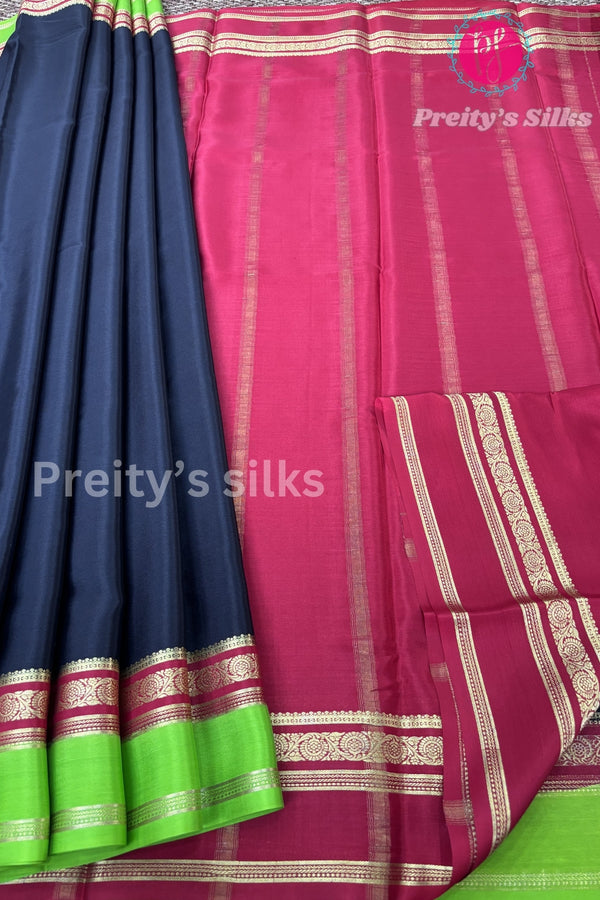 Pure Mysore Crepe Silk Saree-PF24561 -Black with Maroon and Parrot Green