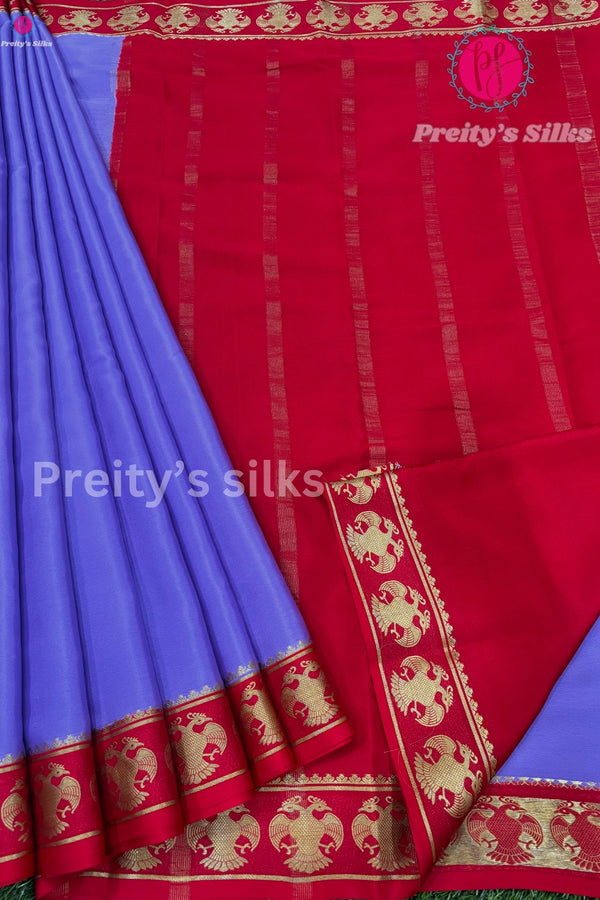 Pure Mysore Crepe Silk Saree-Lavender With Red-gandaberunda border style -PF59360