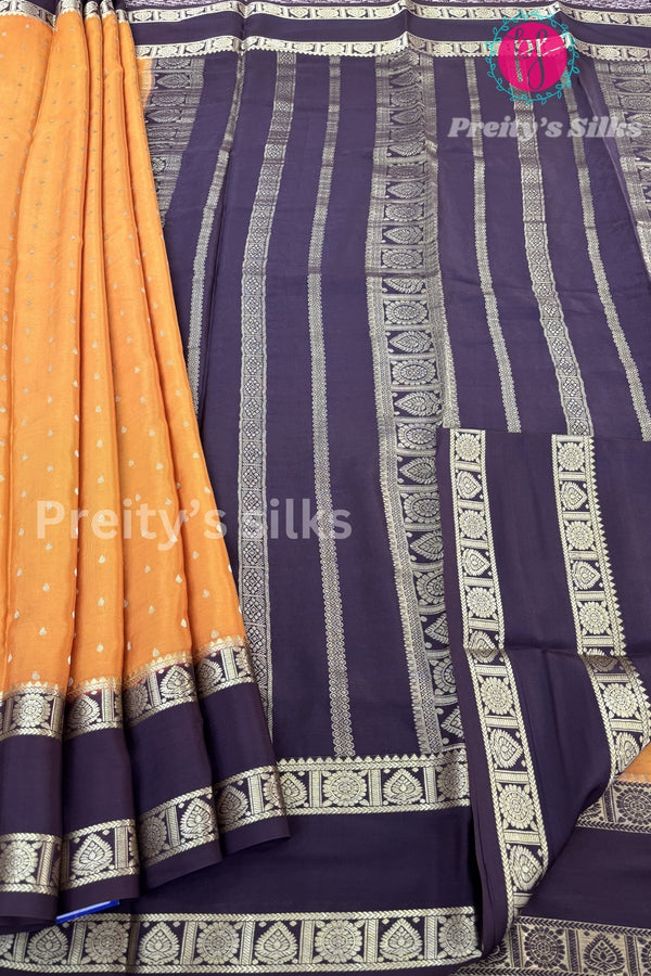 Pure Mysore Crepe Silk Saree-PF26030- Mustard Yellow with Brown