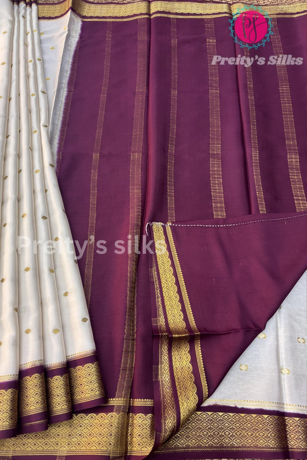 Pure Mysore Crepe Silk Saree-PF32983 -White with Purple