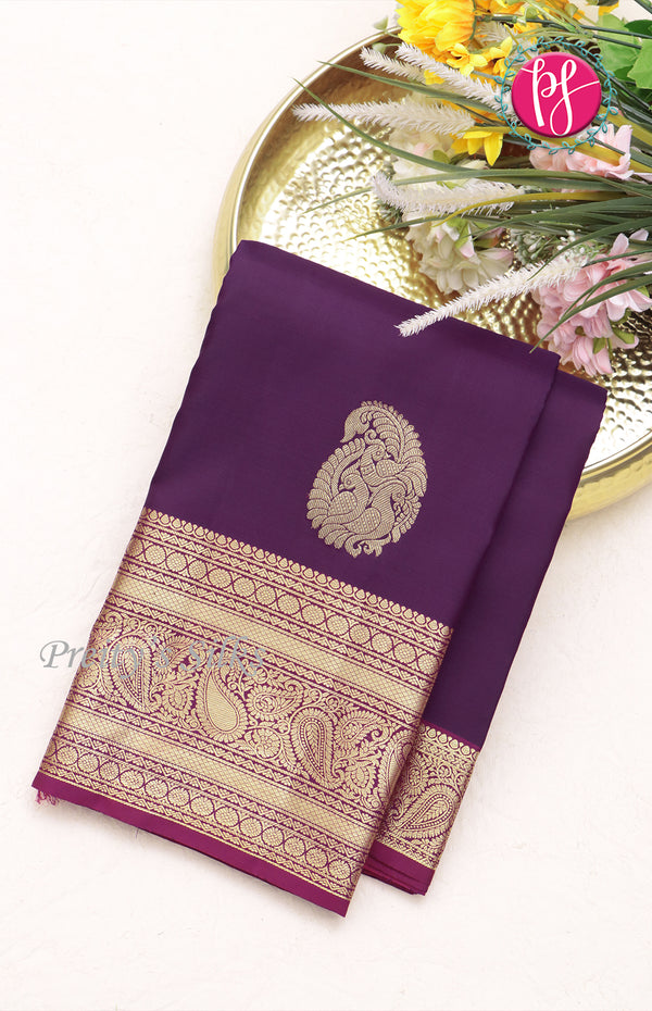 Pure Kanchipuram Silk Saree-Deep Purple with Magenta Pink -PF64175