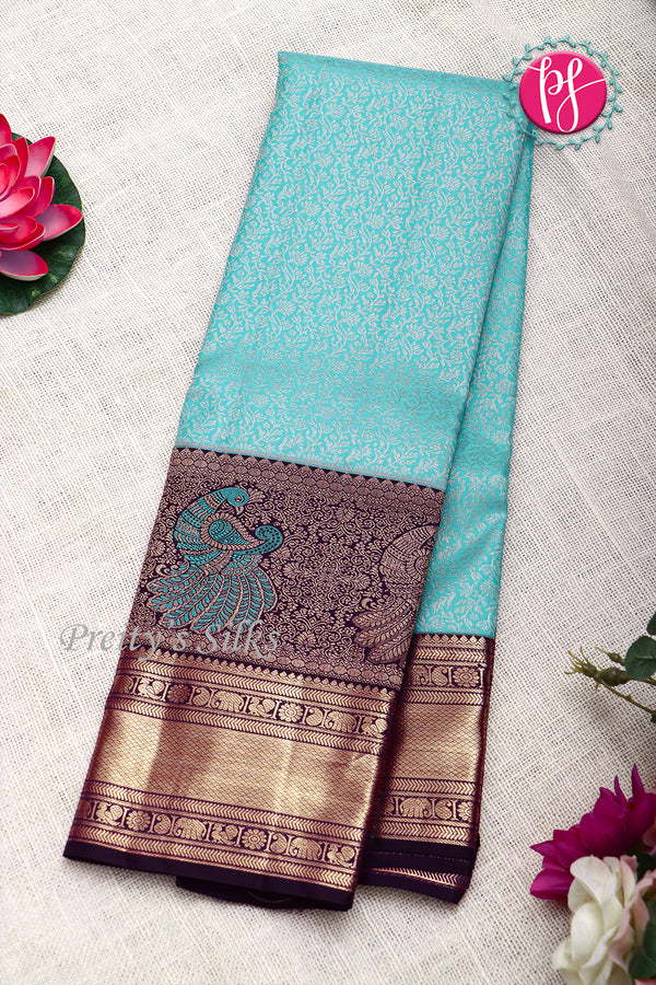 Pure Brocade Kanchipuram Silk Saree-Cyan-Blue-PF83491