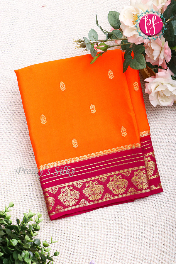 Pure Mysore Crepe Silk Saree -Orange And Pink-PF86178