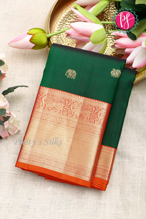 Pure Kanchipuram Silk Saree-Bottlegreen And Red-PF15528