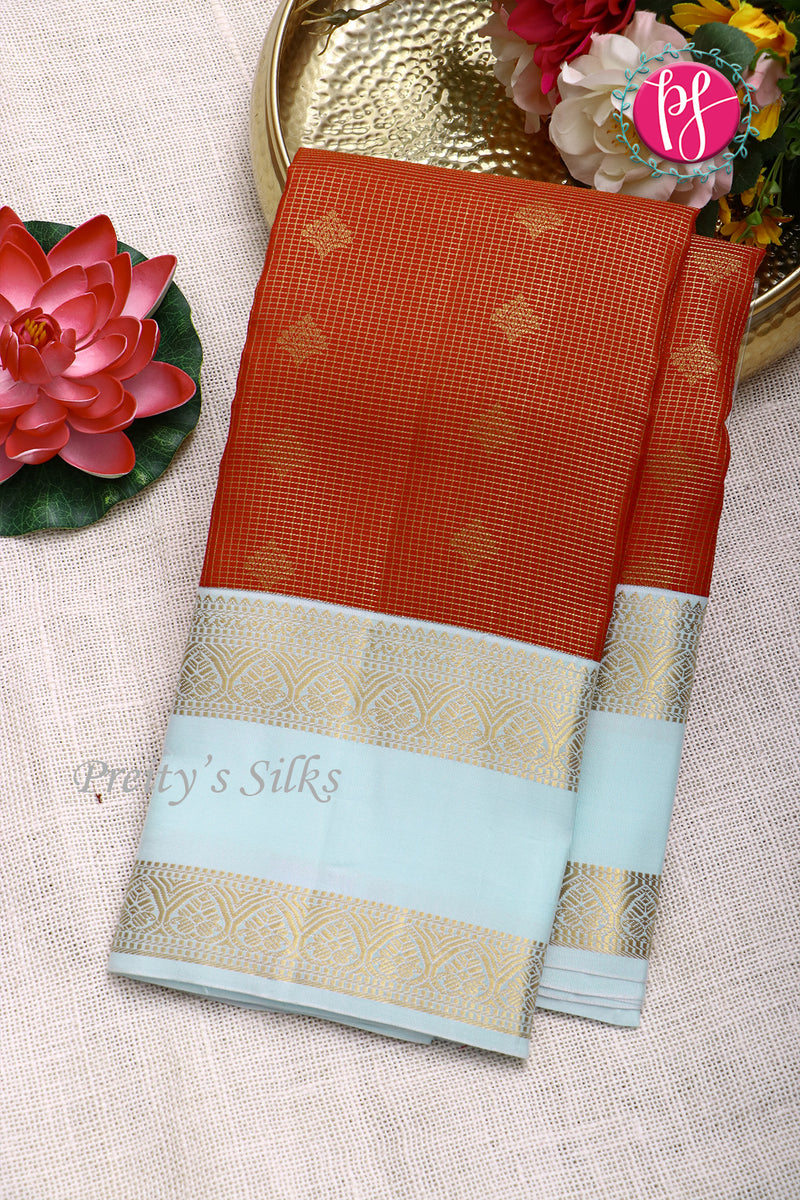 Pure Kanchipuram Silk Saree-Red And Skyblue-PF81312