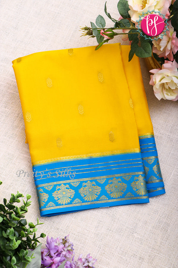 Pure Mysore Crepe Silk Saree -Yellow And Skyblue-PF86180