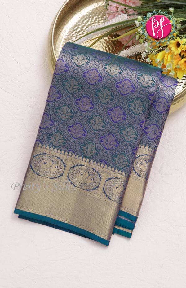 Pure KanchipuramBrocade Silk Saree- Peacockblue-PF58662