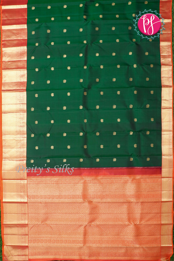 Pure Kanchipuram Silk Saree-Bottlegreen And Red-PF15528