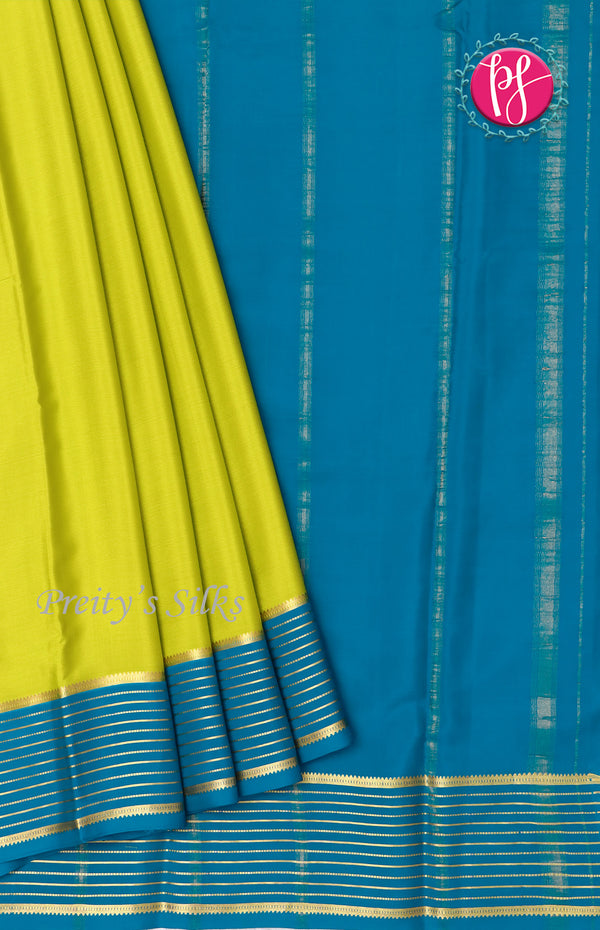 Pure Mysore Crepe Silk Saree With Line Border-Olivegreen and Peacockblue-PF39183