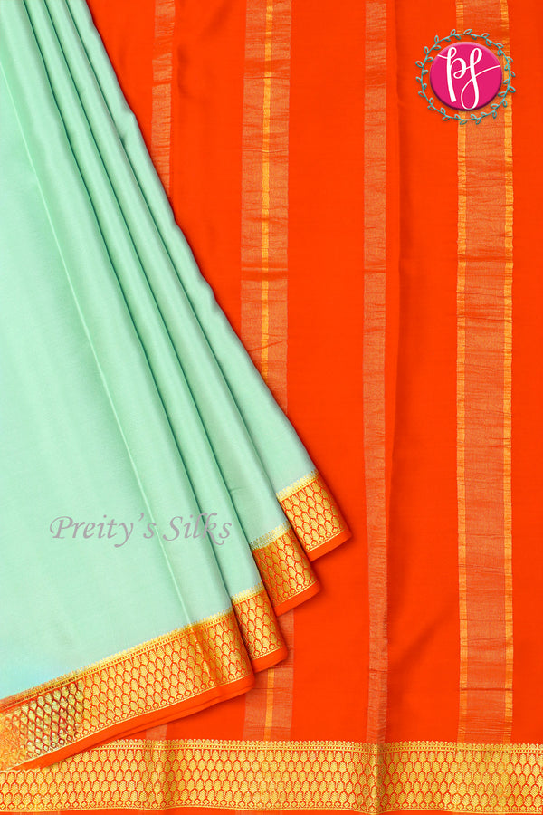 Pure Mysore Crepe Silk Saree -Sea Green with Orange-PF79503