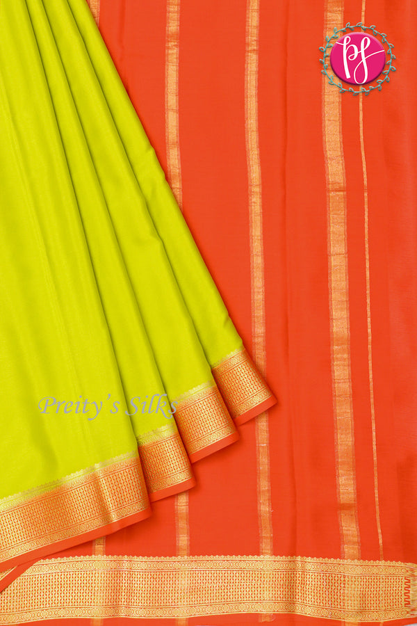 Pure Mysore Crepe Silk Saree-Neon Limegreen And Reddish-orange-PF82729