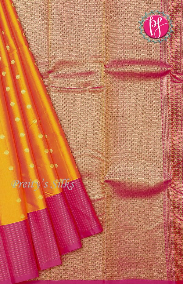 Half Pure kanchipuram silk Saree-Mustared Yellow With Pink - PF47153