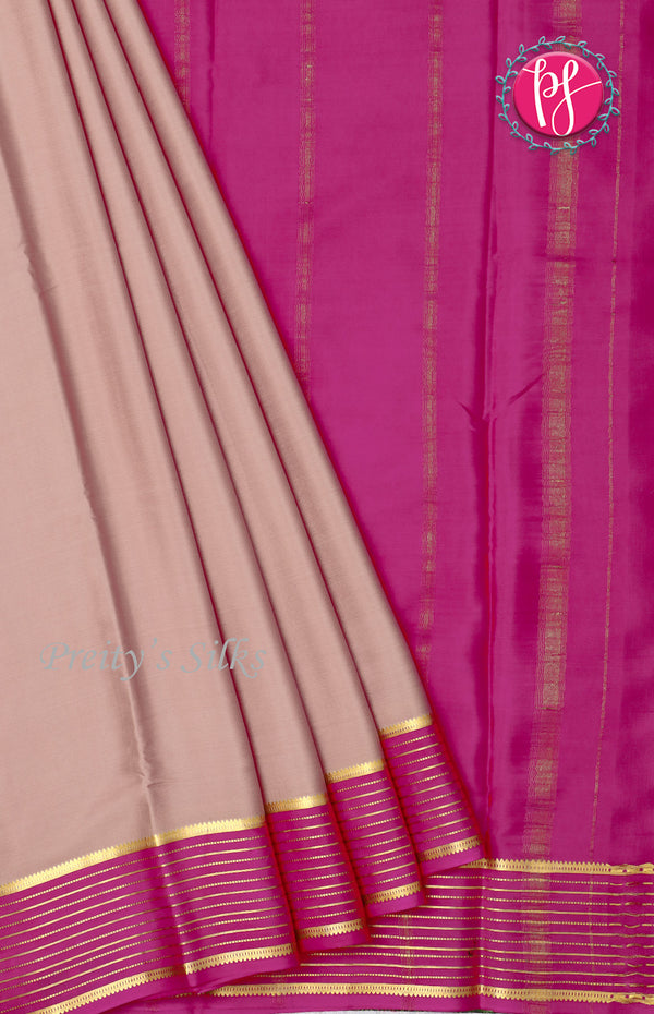 Pure Mysore Crepe Silk Saree With Line Border-Chikku and Pink-PF39187