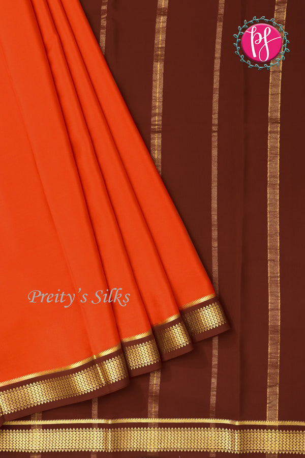 Pure Mysore Crepe Silk Saree -Rustorange And Brown-PA10650