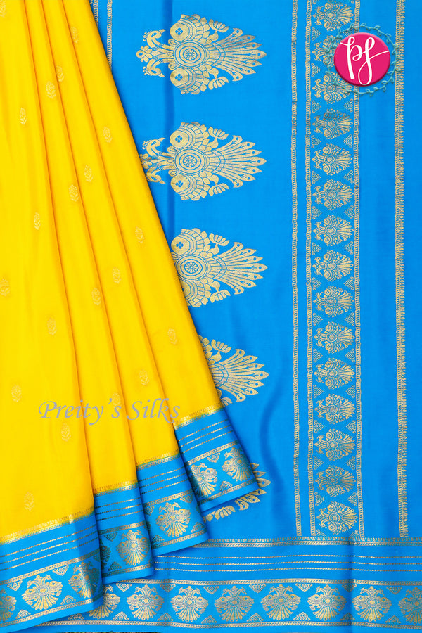 Pure Mysore Crepe Silk Saree -Yellow And Skyblue-PF86180