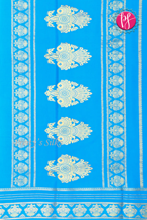 Pure Mysore Crepe Silk Saree -Yellow And Skyblue-PF86180