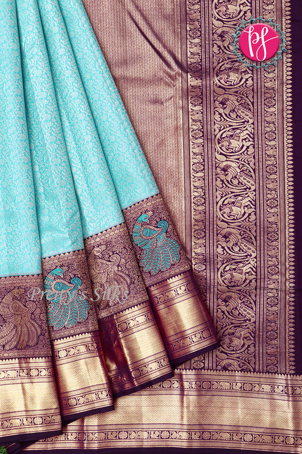 Pure Brocade Kanchipuram Silk Saree-Cyan-Blue-PF83491
