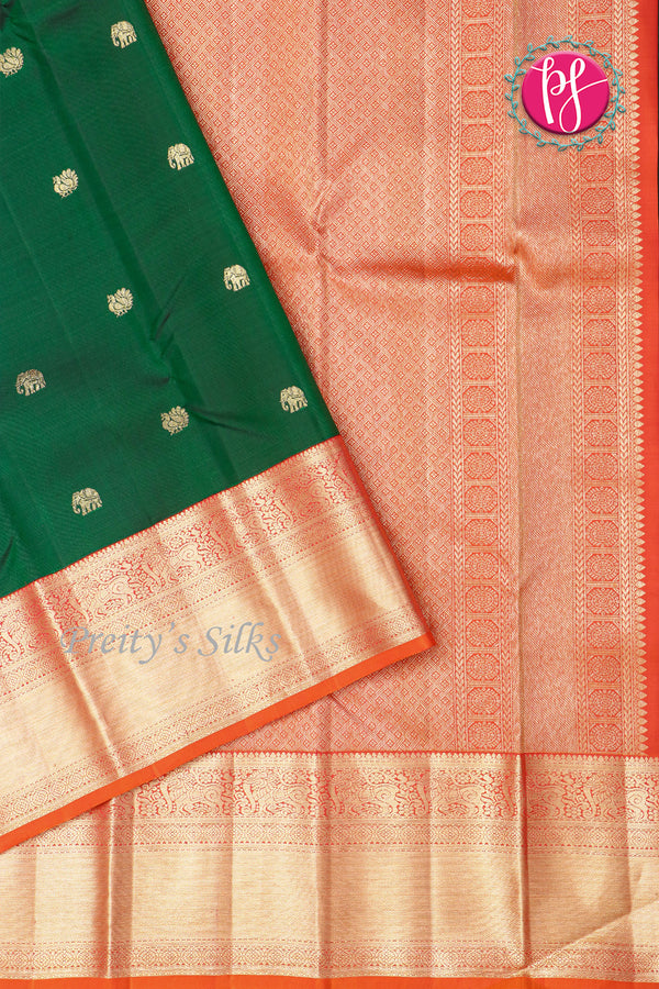 Pure Kanchipuram Silk Saree-Bottlegreen And Red-PF15528