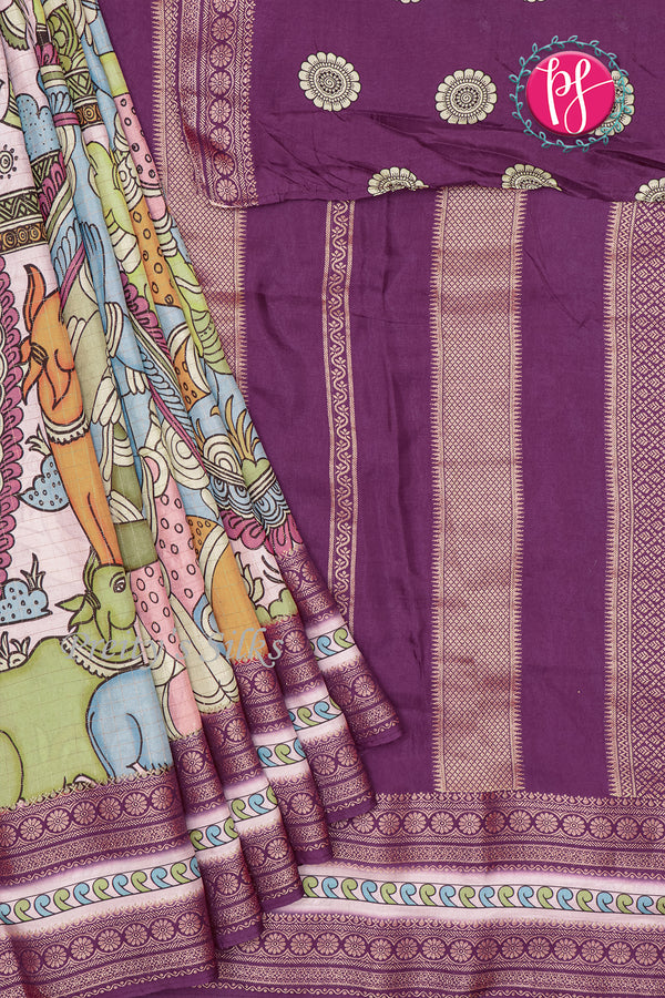 Russian Silk Saree with Check & Kalamkari Print